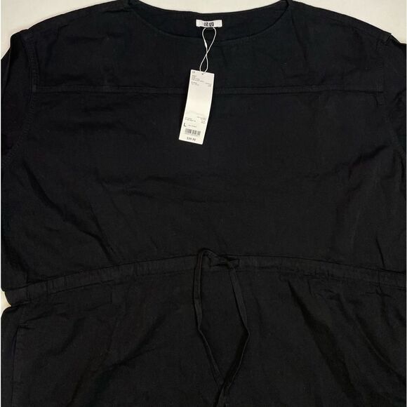 Uniqlo Denim Drawstring Long Sleeve Dress Women Large Black NWT - Picture 2 of 6
